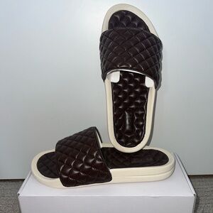 APL Quilted Slide Sandals in Dark Brown and Cream